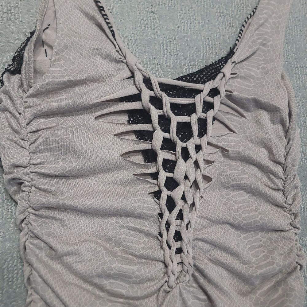 Kimikal Ruched Mini Dress Womens L Grey with Black Lace Stretch - Picture 4 of 9